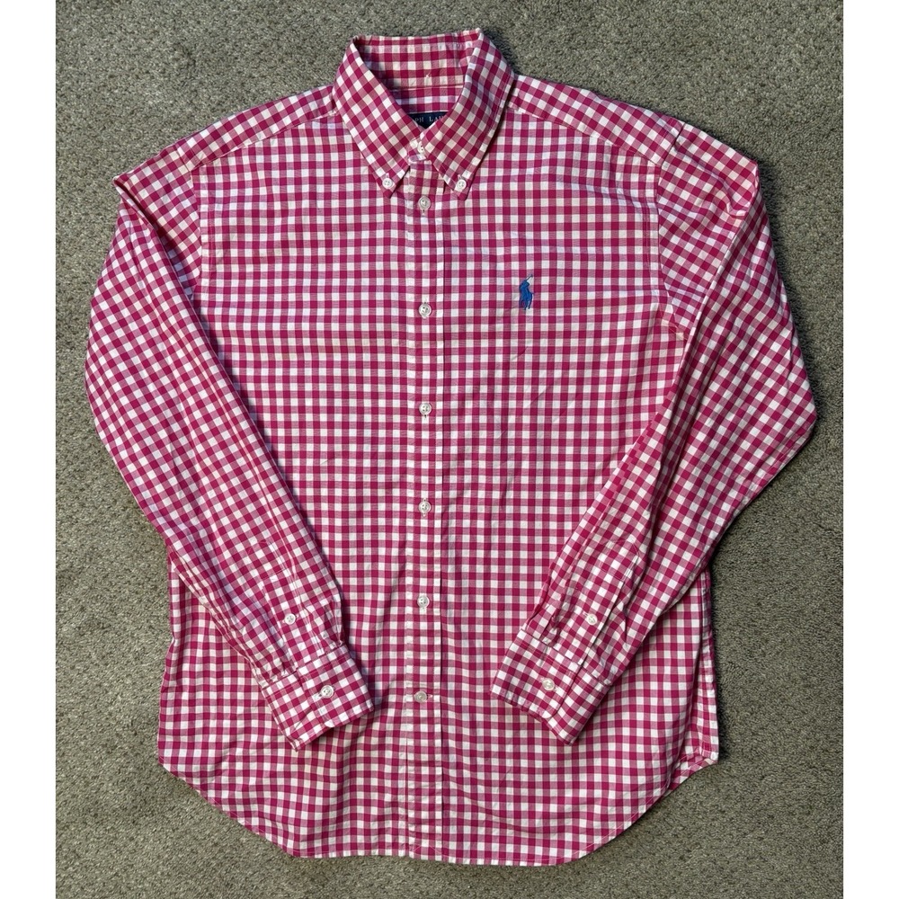 Polo Ralph Lauren Mens‎ Medium Gingham Plaid Button Down Long Sleeve Pink White - Picture 2 of 7